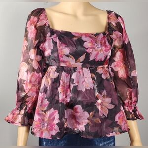 NWT Thirty Thirty Floral Organza Babydoll Puff Sleeve Top Size Medium